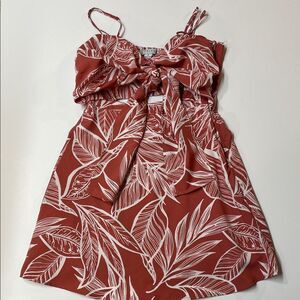 Favlux Women’s Rust Red White Tropical Leaf Print Tie Front Mini Dress Sz S